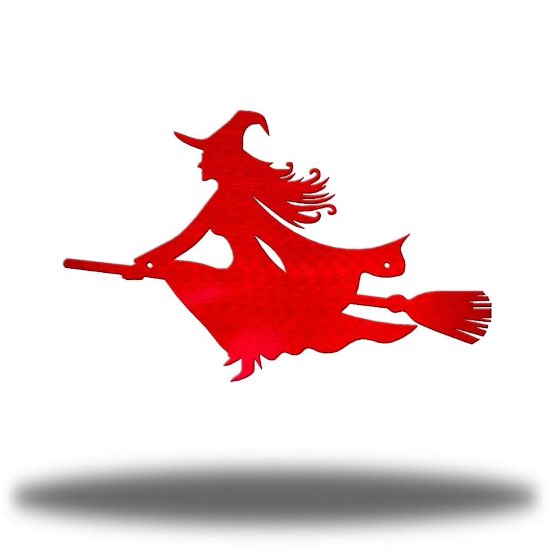 Witch On A Broom Steel Wall Art | Spooky Seasonal Decor Red