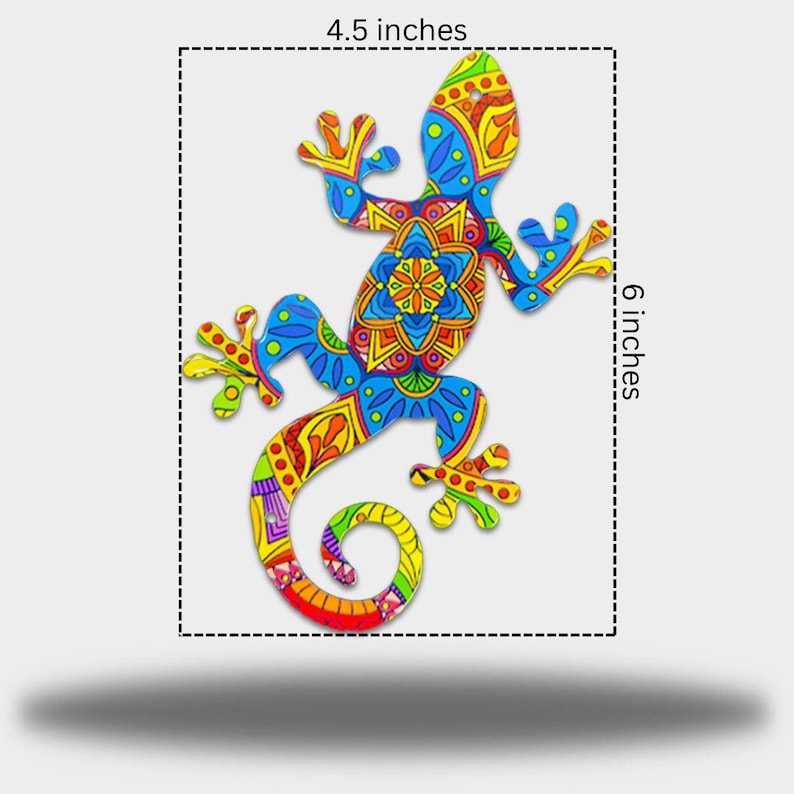 May include: A colourful metal gecko wall art, measuring 15 cm tall and 11.4 cm wide. The gecko features a vibrant design with blue, yellow, orange, and red patterns. The artwork is a decorative piece for indoor or outdoor spaces.