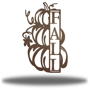 May include: Metal wall decor featuring a stylized pumpkin design with the word "FALL" in a vertical script. The pumpkins are outlined in a brown color.