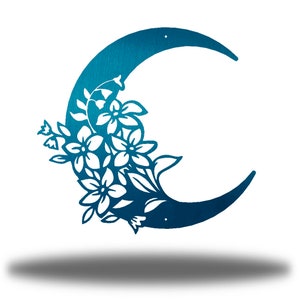 Floral Moon Moon Metal Wall Art Steel Outdoor Decor Teal