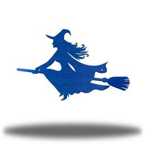 Witch On A Broom Steel Wall Art | Spooky Seasonal Decor Blue