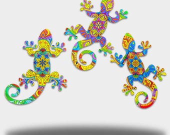 Printed Gecko Bundle Metal Wall Art Set, Vibrant Outdoor Gecko Wall Hanging, Sublimated Lizard Decor (Front-Printed Only)