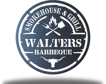 BBQ Monogram Metal Sign, Personalized Grill Master Sign, Outdoor BBQ Area Wall Art, Custom BBQ Decor