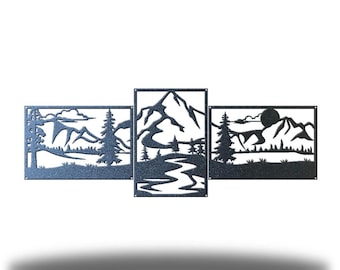 3 Section Mountain Scene Metal Wall Art, Rustic Cabin Wall Decor, Large Mountain Landscape Triptych