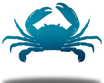 May include: A blue metal silhouette of a crab with its claws raised. The crab is facing forward and has a textured surface.