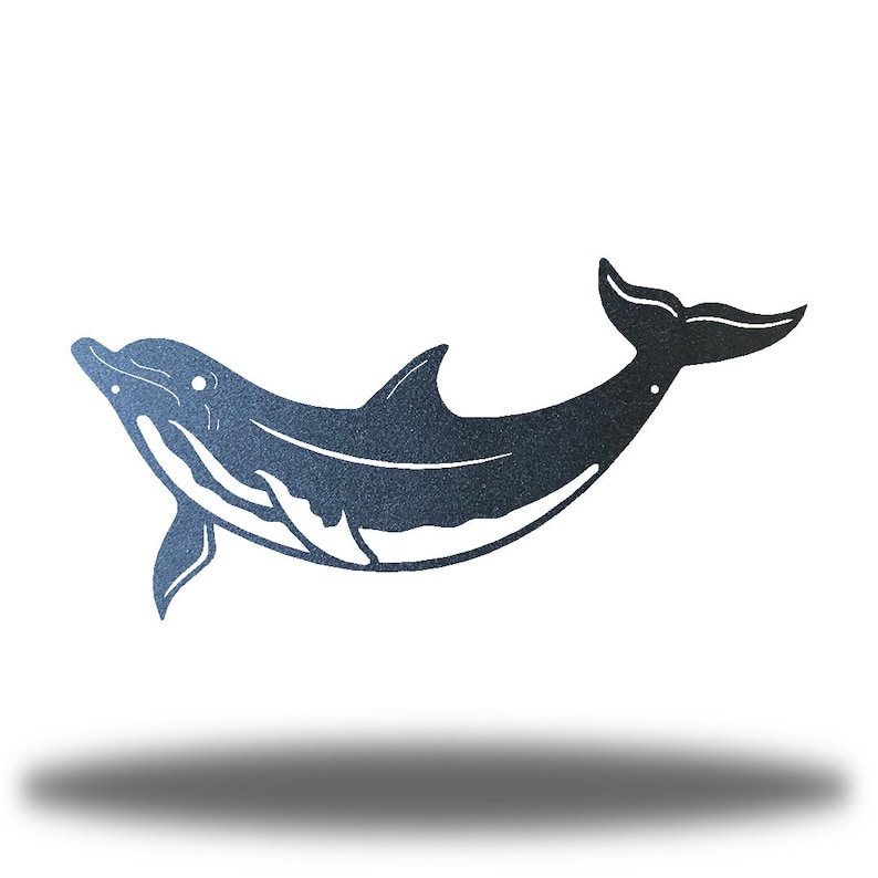 May include: A black metal silhouette of a dolphin leaping out of the water. The dolphin is facing left and has a long, slender body with a curved tail.