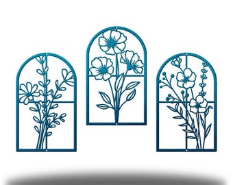 Window Flowers Bundle Metal Wall Art Set, Floral Window Frame Wall Hanging, Rustic Indoor Outdoor Flower Decor