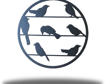 Metal Art Sculpture: Birds on a Wire - Handcrafted Perched Bird Wall Decor