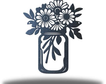 Mason Jar Bouquet Metal Wall Art, Rustic Floral Wall Hanging, Farmhouse Kitchen Decor, Indoor Outdoor Flower Sign