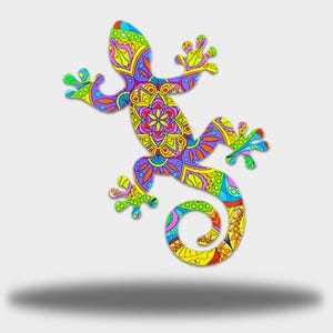 May include: A vibrant, patterned gecko ornament in purple, yellow, green, and orange. The lizard features a detailed, symmetrical design and a curled tail. The gecko is a decorative item, suitable for interior decor.