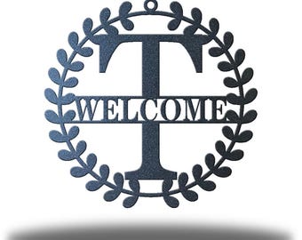 Initial Welcome Metal Sign, Personalized Front Porch Welcome Wall Art, Custom Last Name Entryway Decor