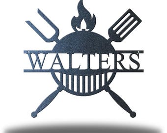 Split Grill Monogram Metal Wall Art, Personalized BBQ Grill Sign, Custom Outdoor Kitchen Decor