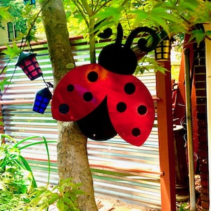 May include: A red and black ladybug metal garden decoration hanging from a tree branch. The ladybug is attached to a metal chain and has black spots on its wings.