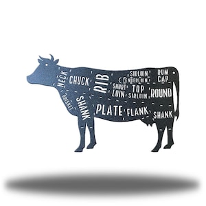 May include: A metal wall art piece in the shape of a cow, with cut labels such as "Chuck," "Rib," and "Sirloin." The cow is a dark blue color, and the text is white. The artwork is designed to be mounted on a wall.