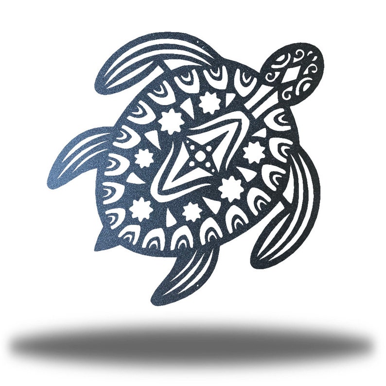 May include: A black metal turtle silhouette with a detailed mandala design. The turtle is facing right and has its head turned to the left. The design is intricate and includes circles, stars, and other geometric shapes.