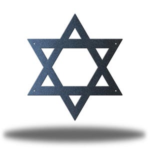 May include: A dark gray metal Star of David wall hanging. The six-pointed star features a textured finish and is suspended against a white background with a subtle shadow. The design includes six triangles forming the star.