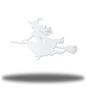 Witch On A Broom Steel Wall Art | Spooky Seasonal Decor White