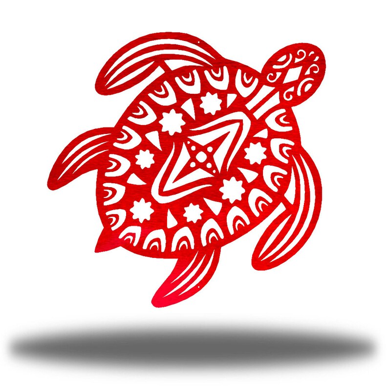 May include: Red metal cutout of a stylized sea turtle with a geometric pattern on its shell. The turtle is facing right and has its head turned to the left.