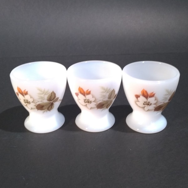 Set of 3 x French Vintage arcopal egg cups - Avila pattern, automn flowers leaves - Milk opaline glass. French Vintage Shabby Chic