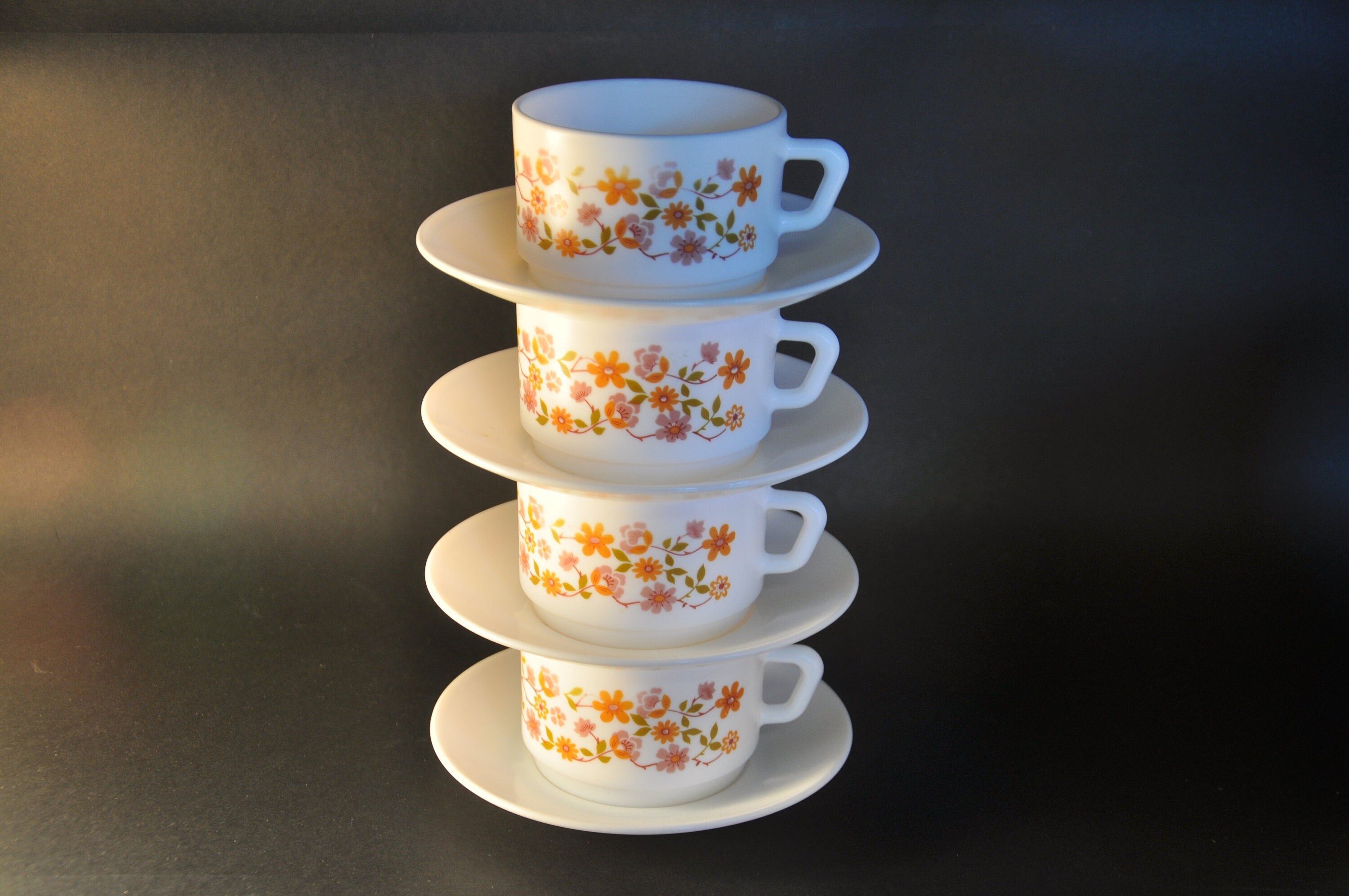 4 Grandes Tasses Scania avec Soucoupes - Café Thé Chocolat Français Retro Vintage 1970S