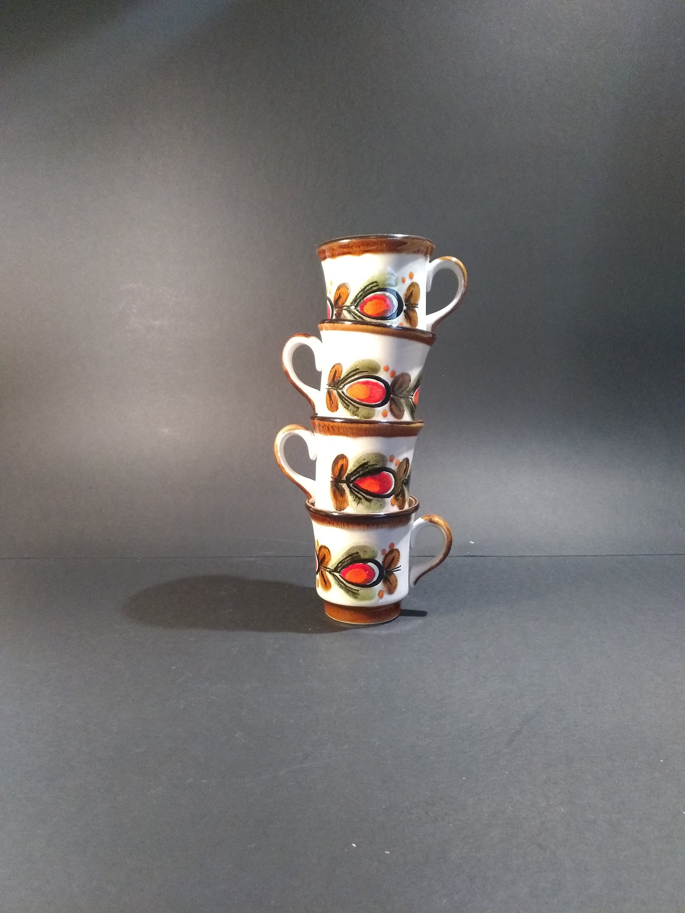 Set de 4 Mugs en Majolique d'inspiration Florale - Vintage Des Années 1970 Schramberg Allemagne