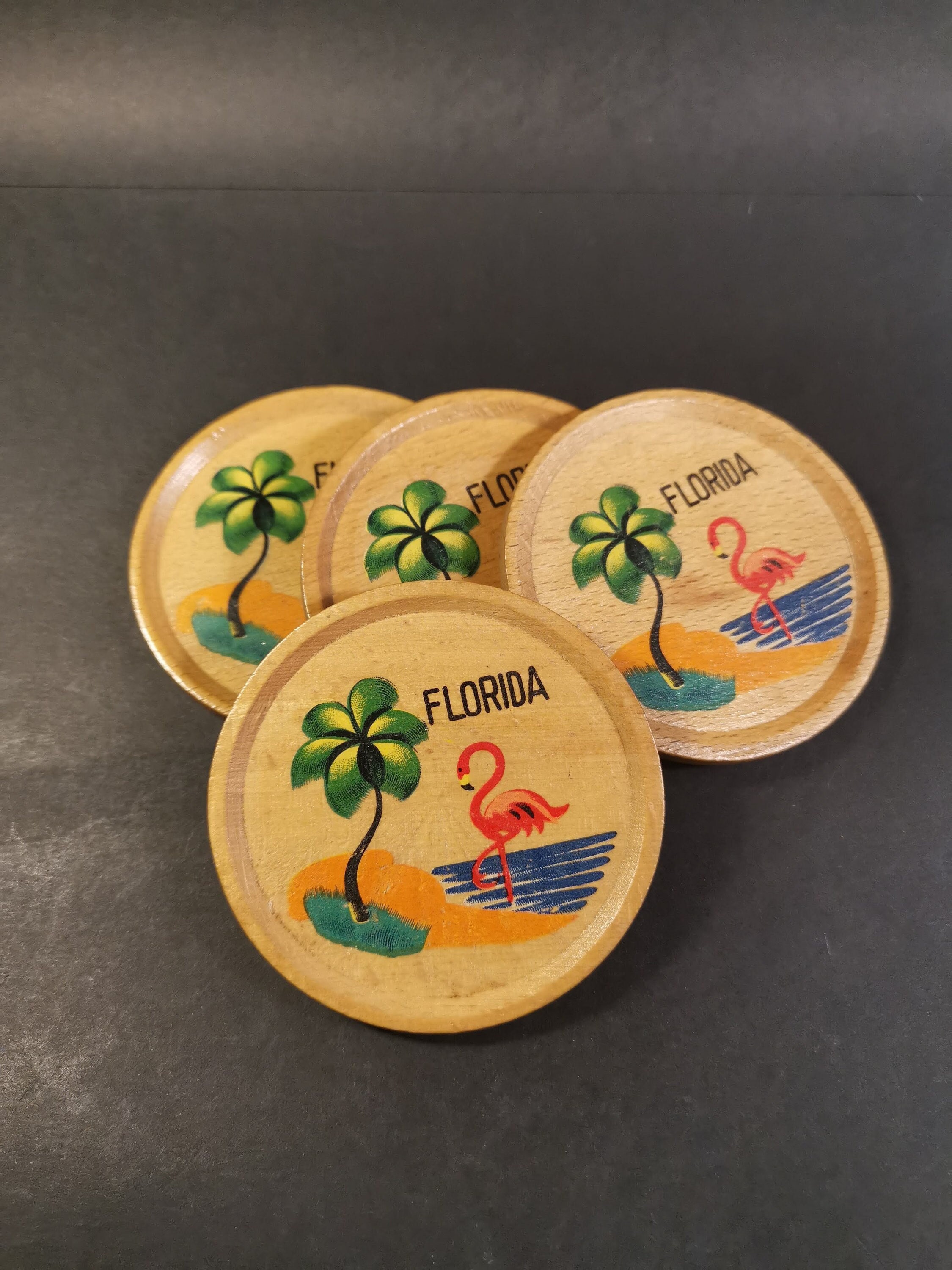 4 Sous-Verres en Bois Florida - Décor Flamants Roses Vintage