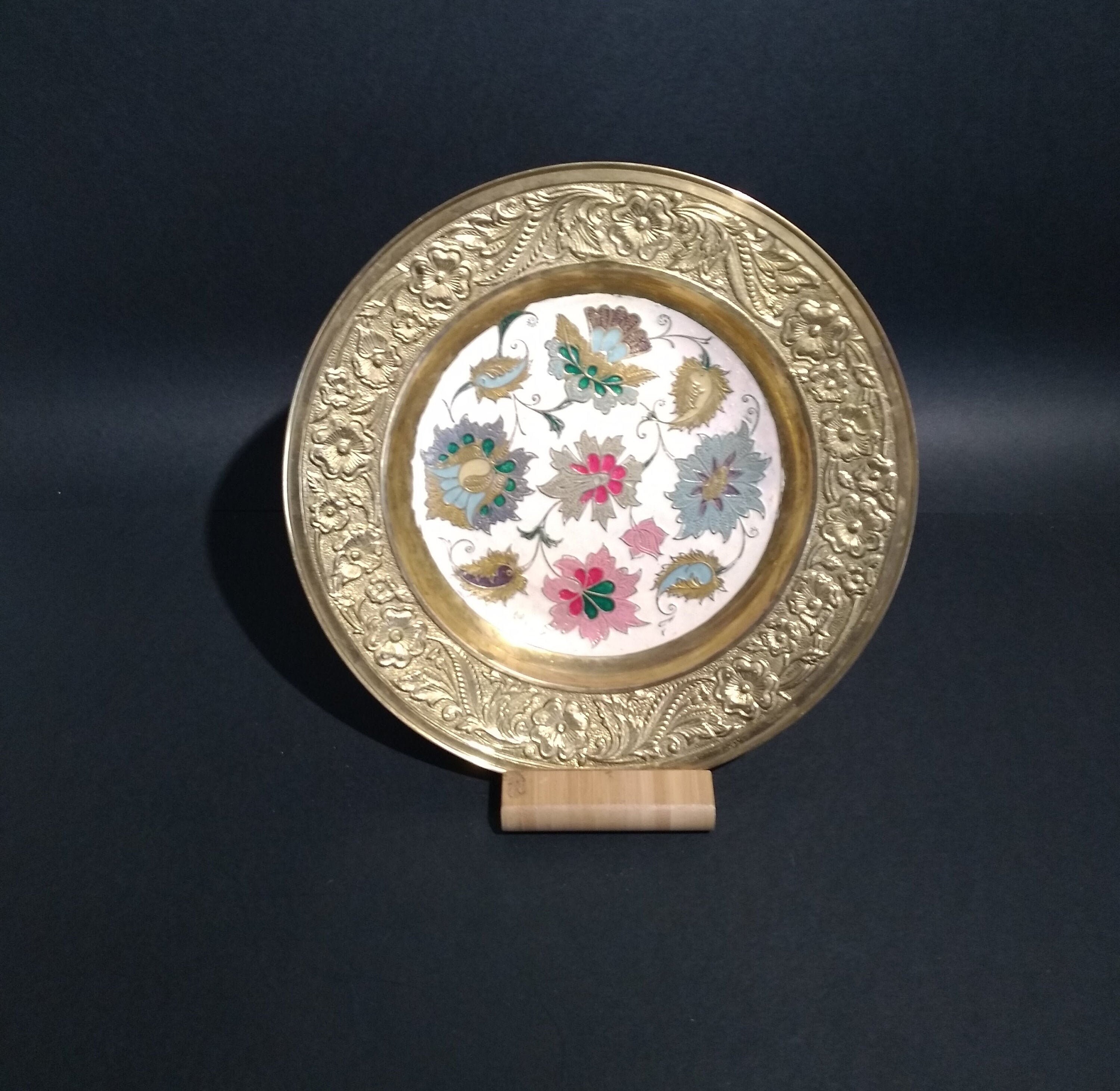 Assiette Décorative en Laiton Émaillé, Style Cachemire - Cloisonné Filigrane Gaufré Bas-Relief Année