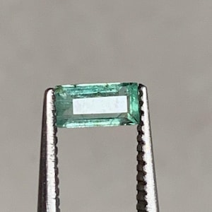 May include: A rectangular, emerald-cut gemstone held by silver tweezers. The gemstone is a vibrant green color with a rectangular shape and a visible internal structure. The tweezers are in sharp focus, highlighting the gem's clarity.