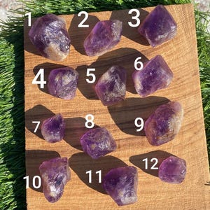 May include: Twelve raw amethyst crystal specimens, numbered 1 through 12, are displayed on a wooden board. The crystals vary in size and shape, showcasing a range of purple hues with some areas of tan and brown. The board rests on a bed of green grass.