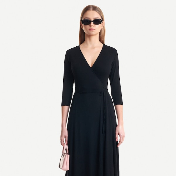 FLORA - envelope, cotton midi dress - handmade dress - black