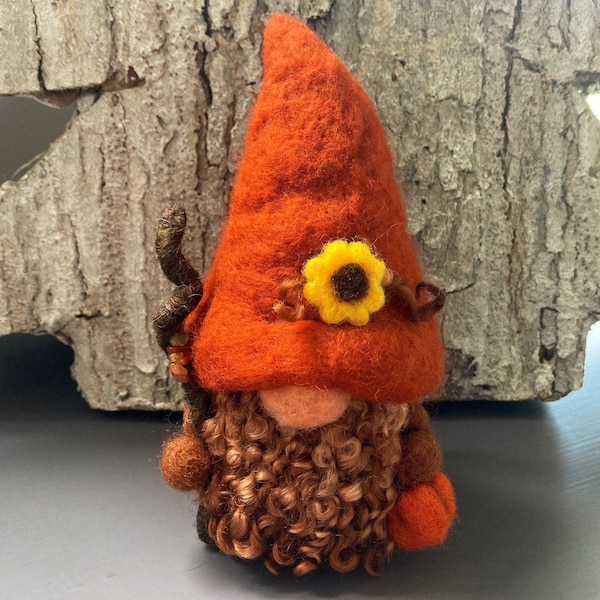 Needle felted Fall Woodland Gnome, Crystal Gnome,Rustic Decor,Sunflower,Acorn