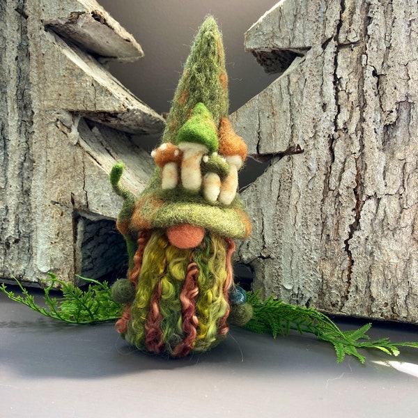 Aiguille feutrée Laine Gnome Champignon Bois Gnome Forêt, décor rustique, mousse agate