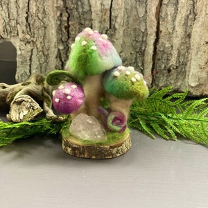 Needle felted Wool Mushroom cluster rose Quartz and a tiny snail,miniature,woodland,Mothers Day,sculpture