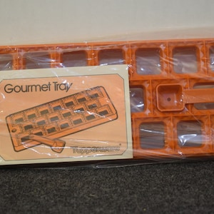 May include: An orange plastic Gourmet Tray by Tupperware, packaged in clear plastic. The tray has multiple square compartments and a handle. The packaging includes a label with the words "Gourmet Tray" and a diagram of the product.