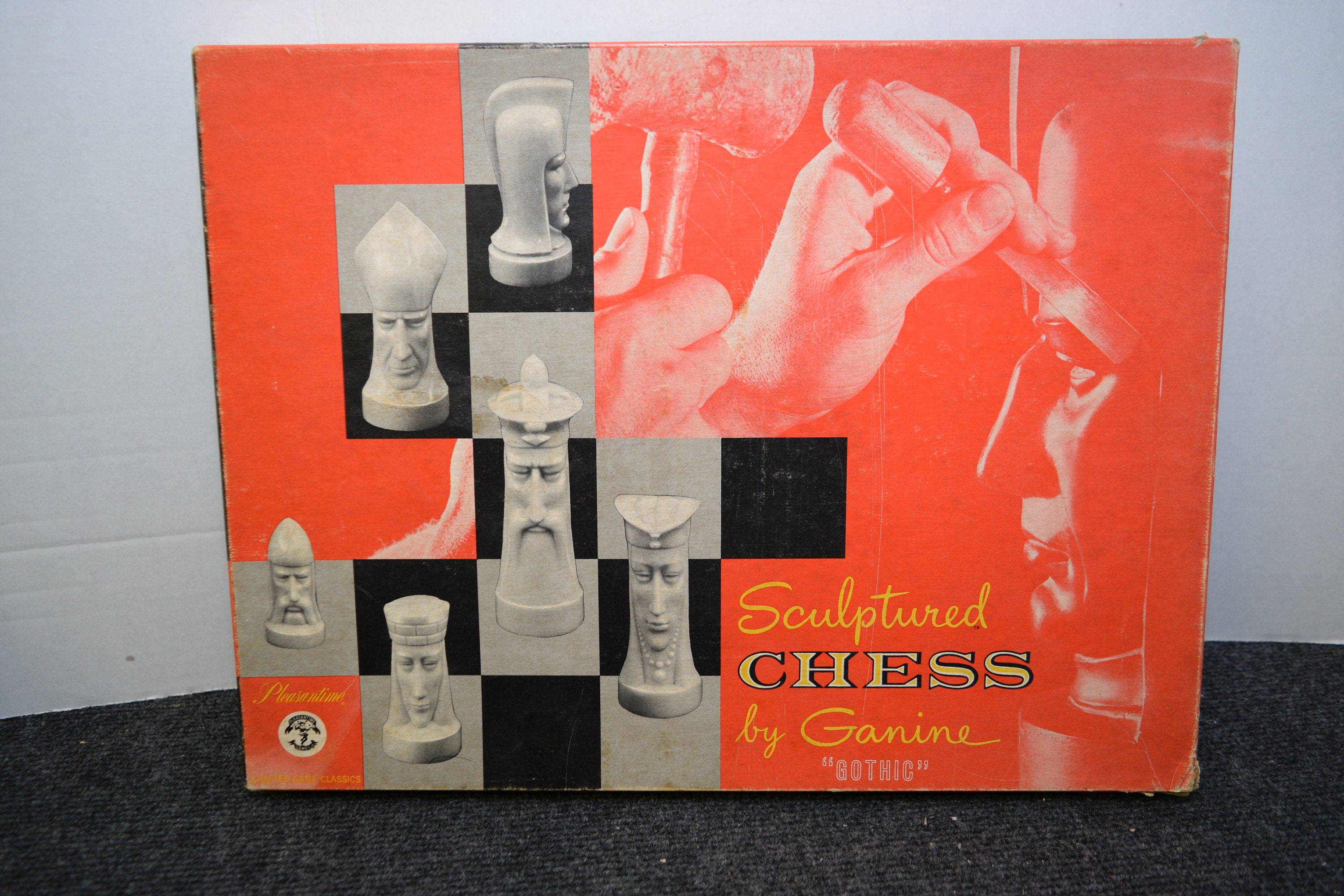 Ganine Gothic Sculptured Chess Set Checkers Board Lot w Box 1957 - Vintage