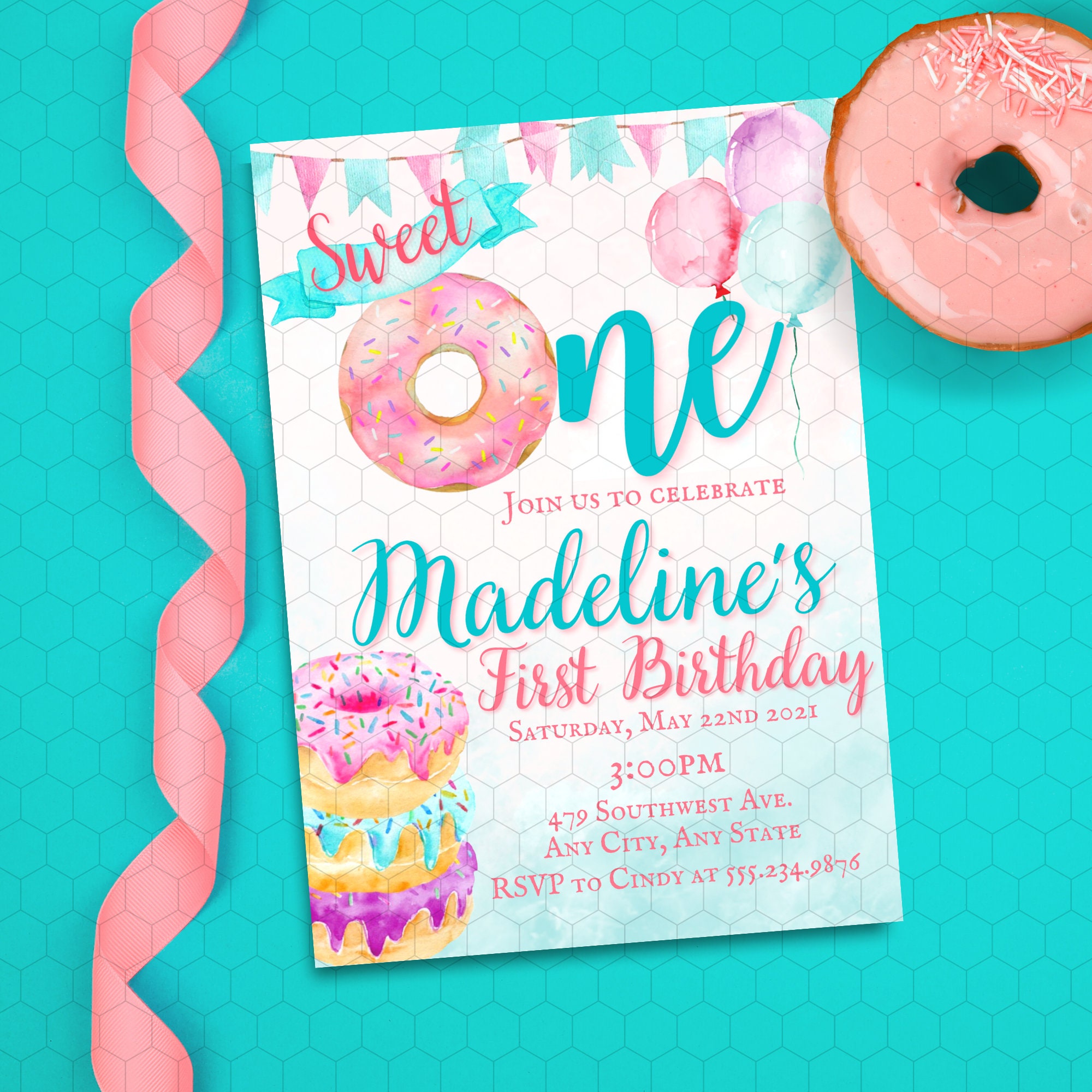 Sweet One Donut Birthday Invitation Pink Purple Teal Yellow Etsy