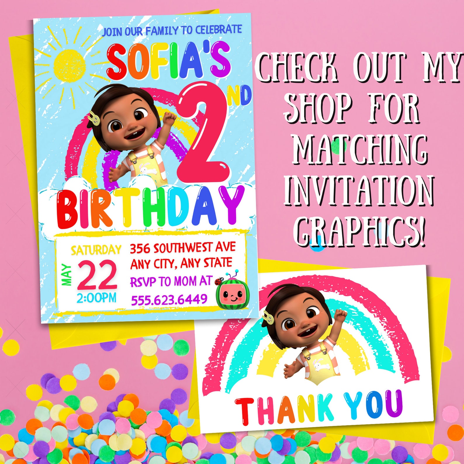 Cocomelon Nina Birthday Invitation Thank You Card Graphic | Etsy