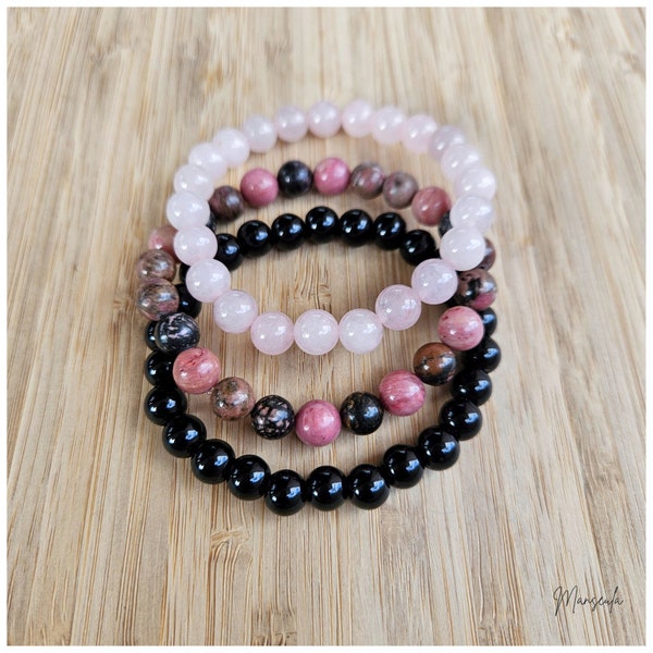 Lot de 3 bracelets en Pierres naturelles Rhodonite,  Agate noire,  Quartz rose (8mm).