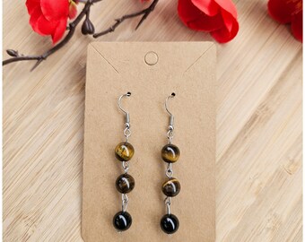 Boucles d'oreilles en Pierres naturelles Oeil de tigre et Agate noire(8mm).