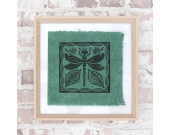 Dragonfly / damselfly Lino cut print Square