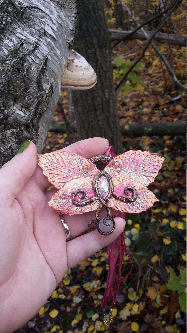 handsculpted necklace from polymer clay in pink with rhinestone and semiprecious stone Leafy Butterfly