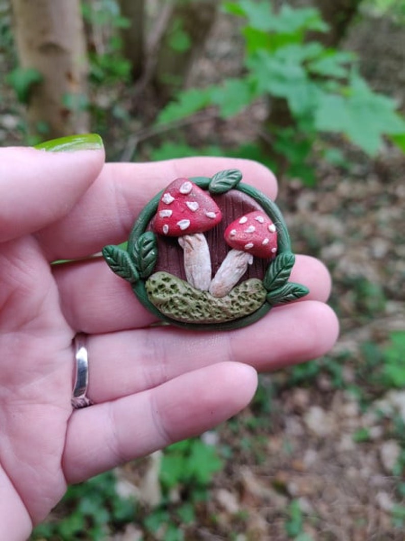 Magical piece of forest handsculpted brooch polymer clay with mushrooms