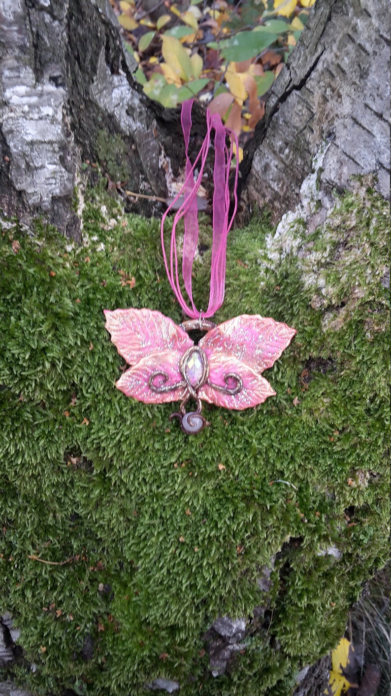 handsculpted necklace from polymer clay in pink with rhinestone and semiprecious stone Leafy Butterfly