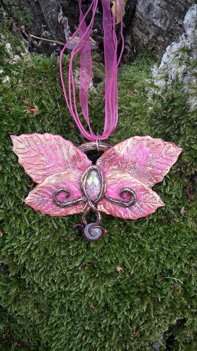 handsculpted necklace from polymer clay in pink with rhinestone and semiprecious stone Leafy Butterfly
