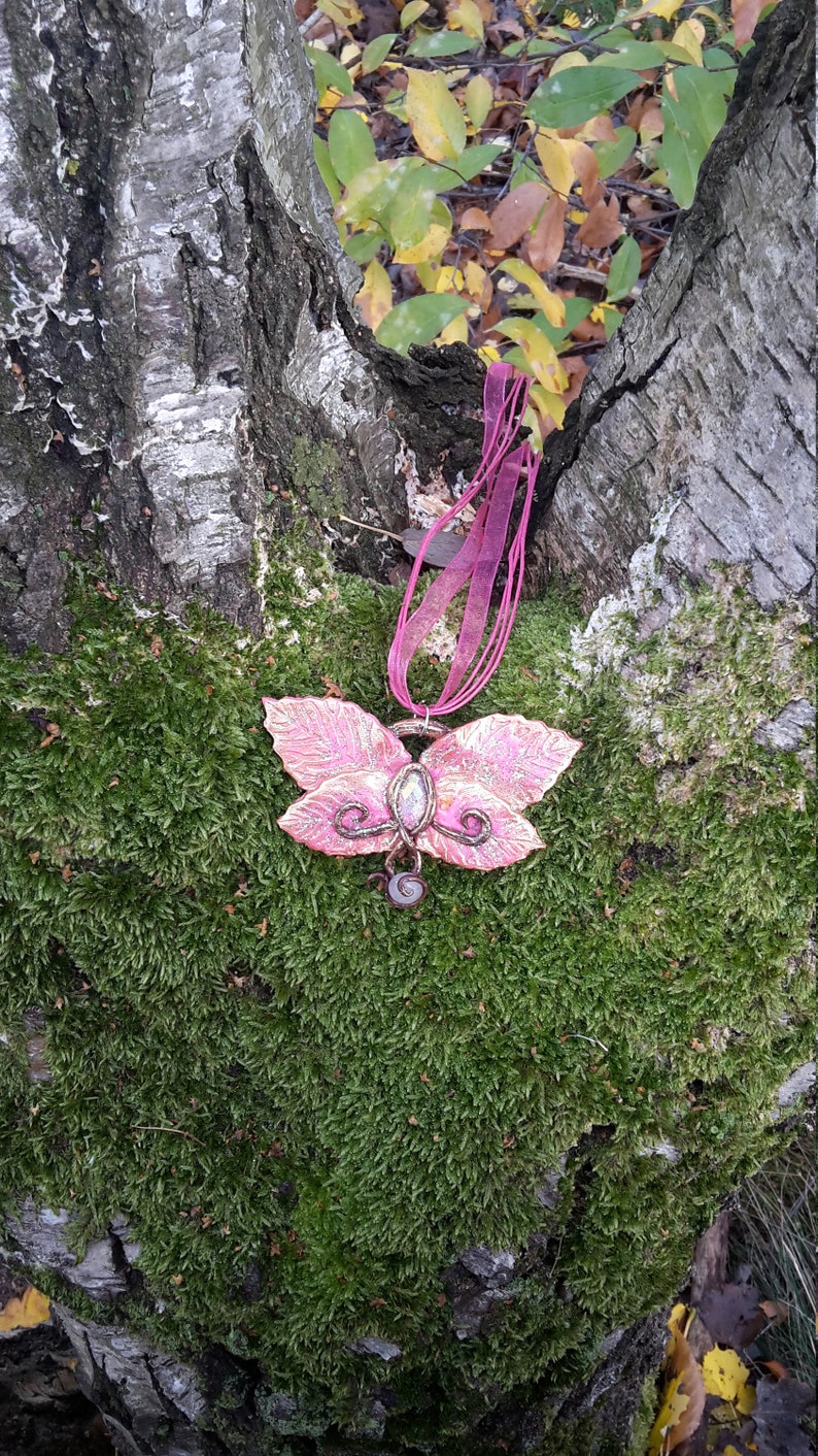 handsculpted necklace from polymer clay in pink with rhinestone and semiprecious stone Leafy Butterfly