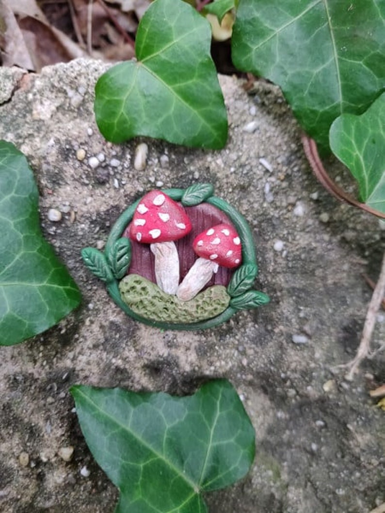 Magical piece of forest handsculpted brooch polymer clay with mushrooms