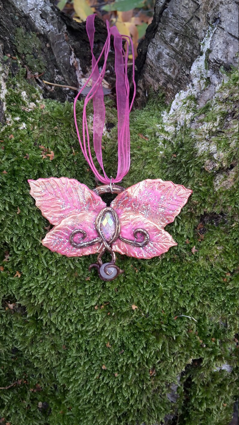 handsculpted necklace from polymer clay in pink with rhinestone and semiprecious stone Leafy Butterfly