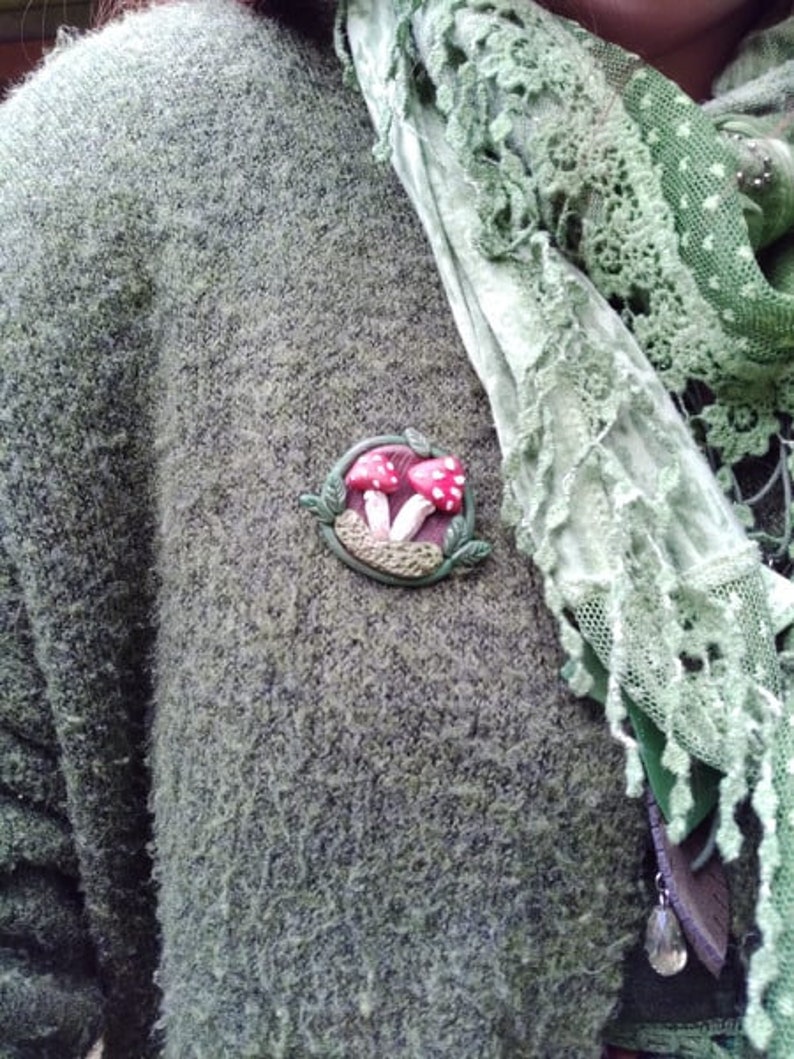 Magical piece of forest handsculpted brooch polymer clay with mushrooms