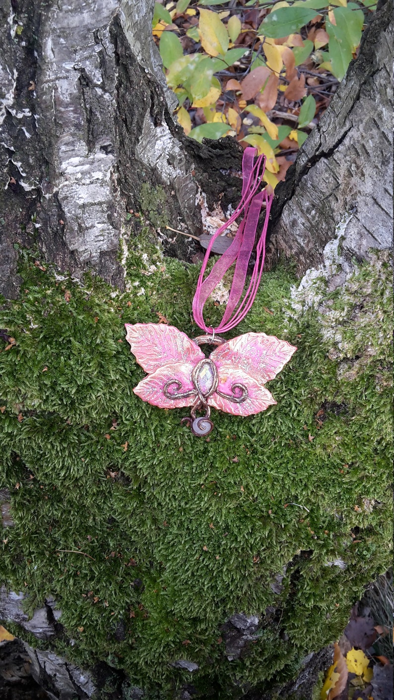 handsculpted necklace from polymer clay in pink with rhinestone and semiprecious stone Leafy Butterfly