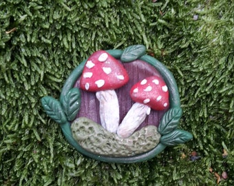Magical piece of forest handsculpted brooch polymer clay with mushrooms